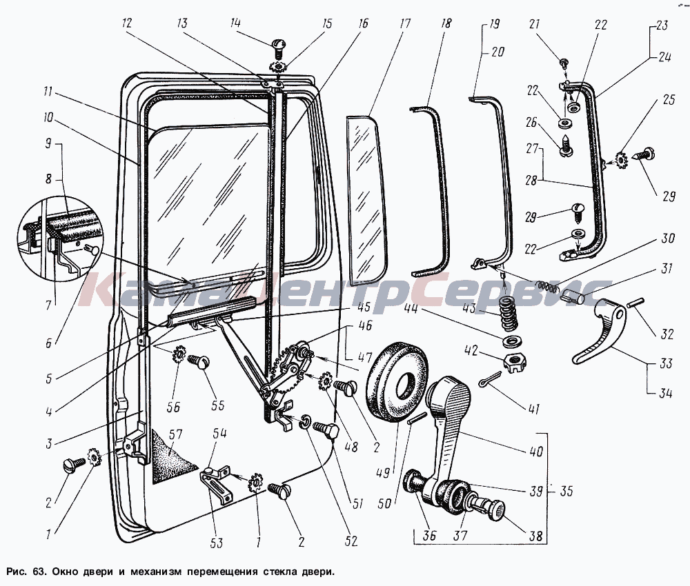 Запчасти для ГАЗ-3307 - Окно двери и механизм перемещения стекла двери