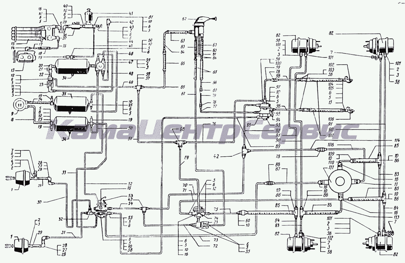 Запчасти для КрАЗ-65055 - Воздухопроводы и аппараты тормозной системы  автомобилей краз-65053, краз-650531, краз-64431