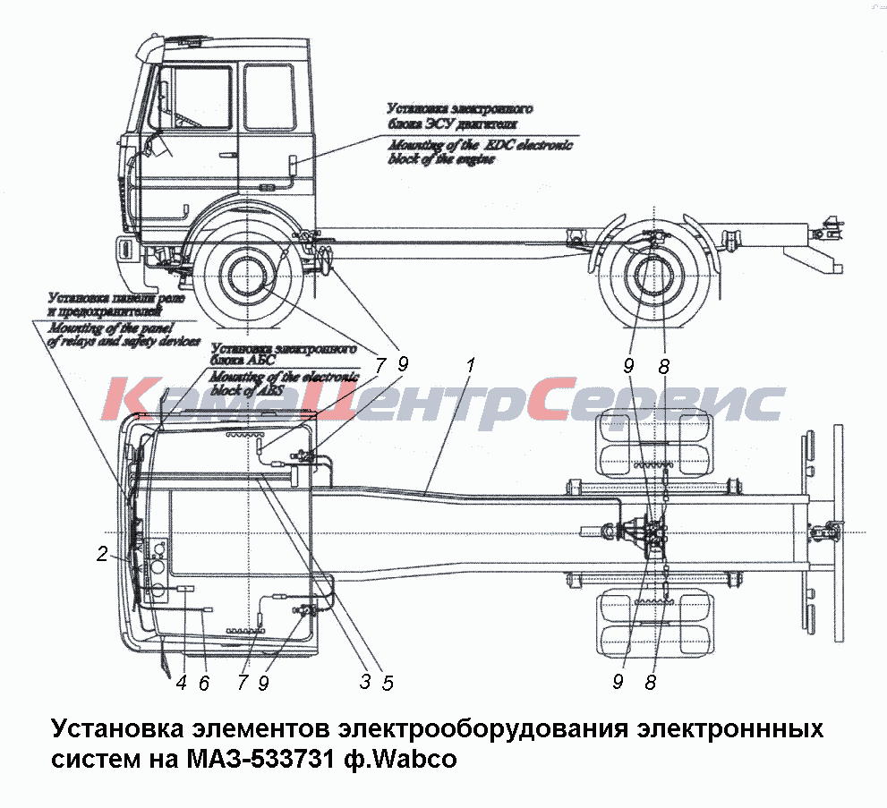 Запчасти для МАЗ-533731 - Установка элементов электрооборуд.электрон.систем  на авто. ф.Wabco