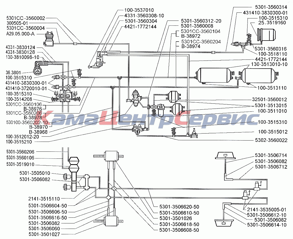 Запчасти для ЗИЛ-5301 (2006) - Схема тормозного привода автомобиля ЗИЛ-5301  без АБС, разделенного по бортам